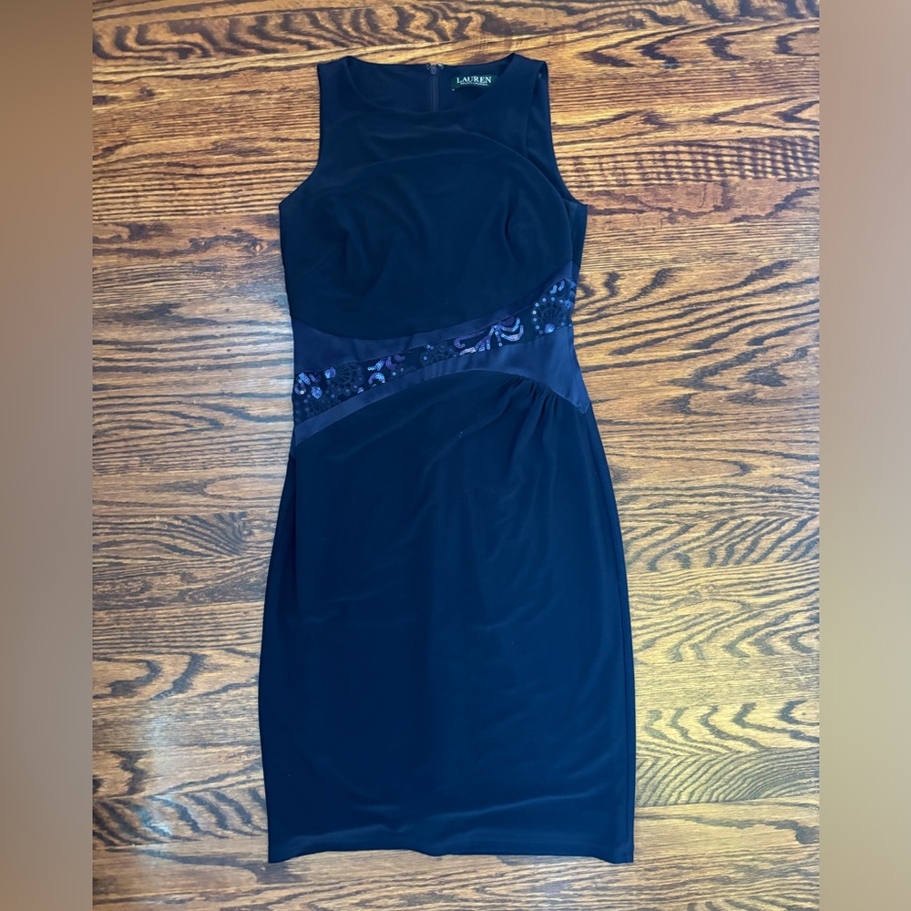 Ralph Lauren Formal Mini Dress, Deep Blue with sparkle details across the bodess